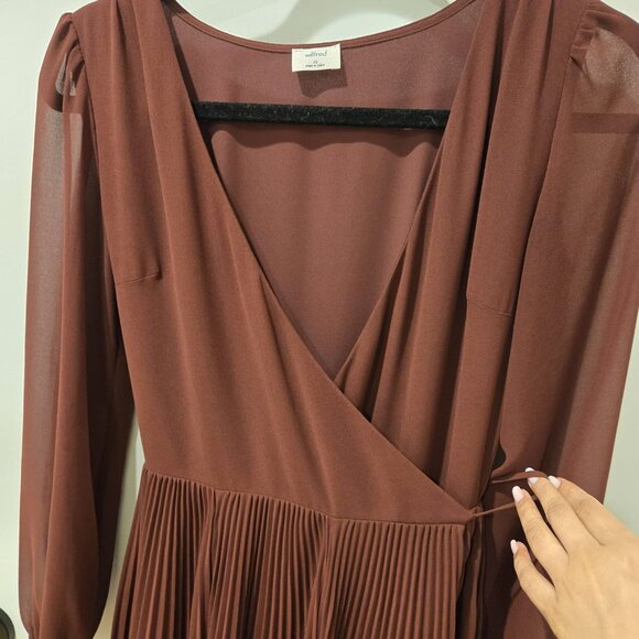 Aritzia Wilfred Beaune Dress Pleated Wrap Long Sleeve Burgundy Size Extra Small - Picture 5 of 13